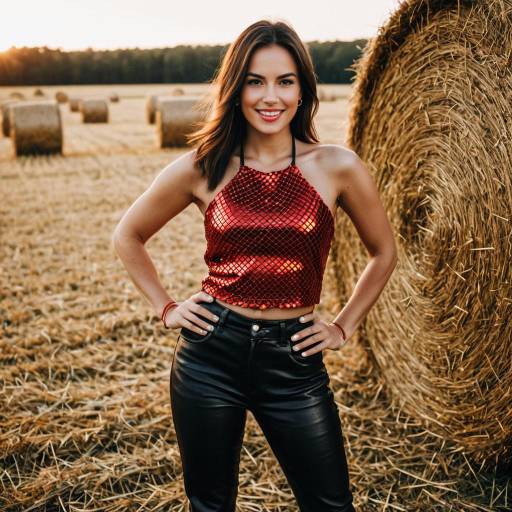 Confident Woman in Red Halter Top by Hay Bales