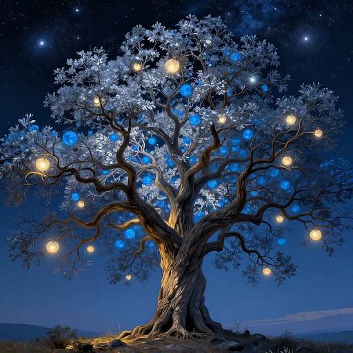 Photorealistic digital art of a glowing, illuminated tree with snow-like leaves, blue orbs, and yellow lights against a starry night sky.