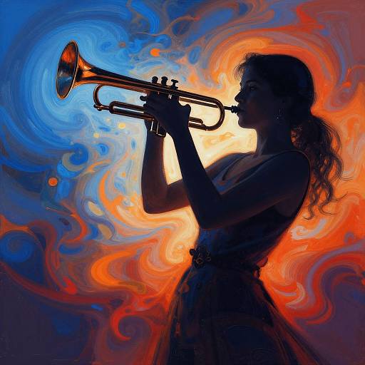 Silhouetted woman playing trumpet against vibrant swirls of blue, orange, and yellow background, creating a dynamic, energetic musical scene. Digital art