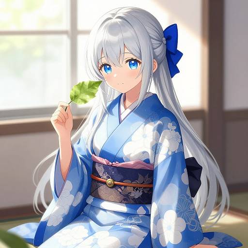 Anime-style digital illustration of a cute, blue-eyed girl with long white hair, wearing a blue floral kimono, holding a green leaf, in a