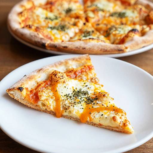 Single slice of cheese pizza with orange sauce and herbs