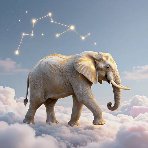 Digital artwork of a golden-scaled elephant standing on fluffy clouds, with a constellation of stars above, under a blue sky.