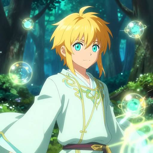 Digital anime-style drawing of a blonde boy with blue eyes, wearing a white ornate shirt, surrounded by glowing, floating bubbles in a dark, enchanted