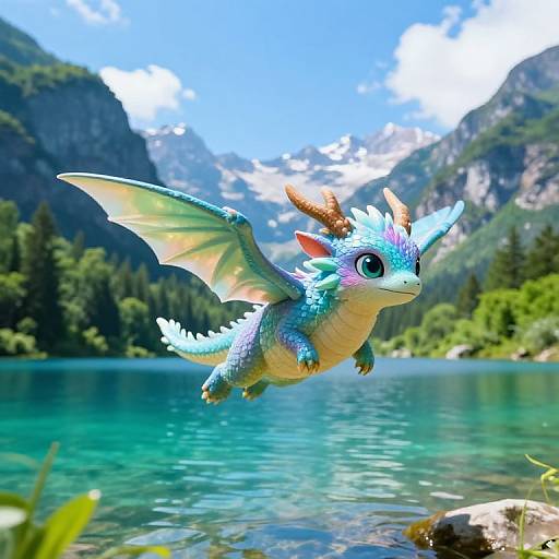 CGI dragon with blue scales, green wings, and orange horns flying over a clear, turquoise lake surrounded by mountains and forest. Bright, sunny day