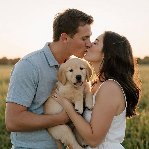 Couple's Tender Kiss with Puppy
