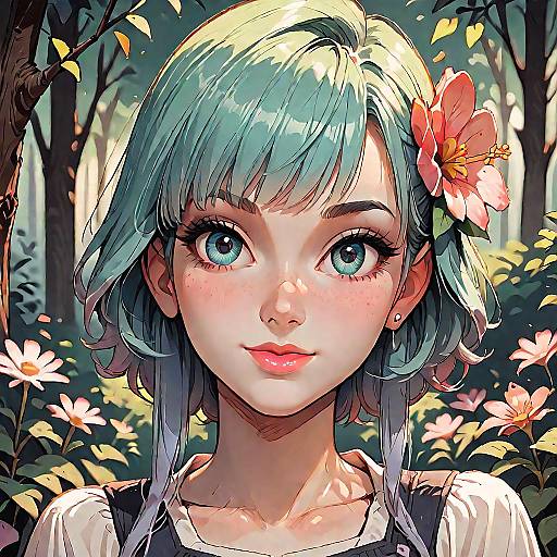 Digital anime-style portrait of a young girl with turquoise hair, blue eyes, and a pink flower, standing in a sunlit forest.