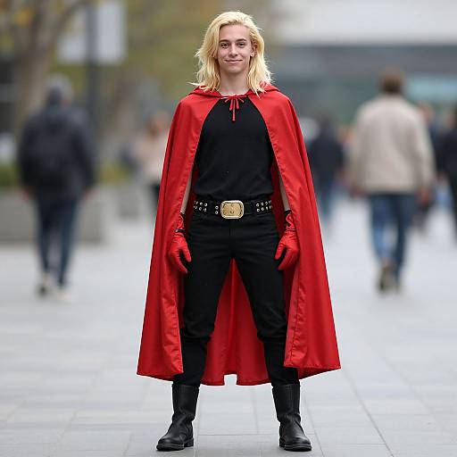 Photograph of a blonde person with shoulder-length hair, wearing a red cape, black shirt, pants, gloves, belt, and boots, standing confidently