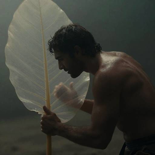 Photograph of a muscular, shirtless man with wet, dark hair holding a large, translucent leaf against a dark, misty background. Silhou