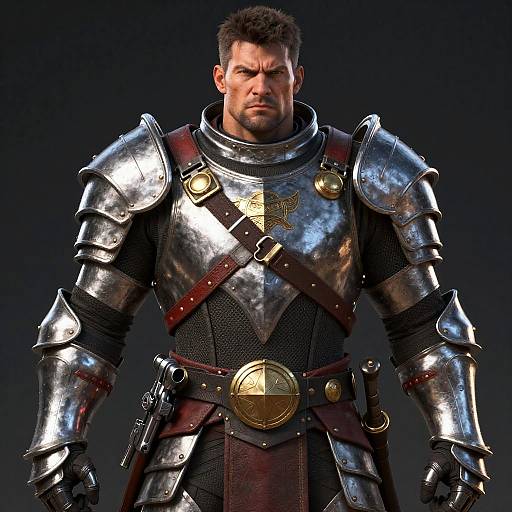 Photograph of a muscular, serious-looking man in shiny, medieval-style silver armor with red leather straps and golden emblems, against a dark background.
