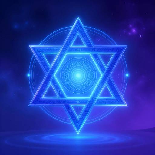 Digital art of a glowing blue Star of David with intricate patterns, surrounded by concentric circles, set against a dark, starry background.