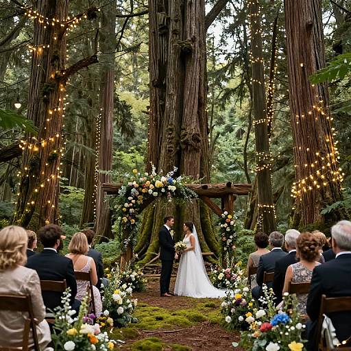 Photograph of an outdoor wedding ceremony in a forest, featuring a bride and groom standing before a wooden arch adorned with flowers and fairy lights, surrounded by