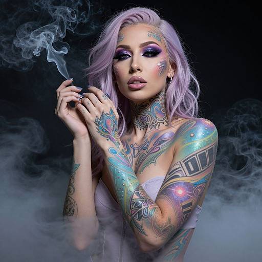 Photograph of a heavily tattooed woman with purple hair, smoking, surrounded by smoke, wearing white top, dark background, vibrant tattoos.