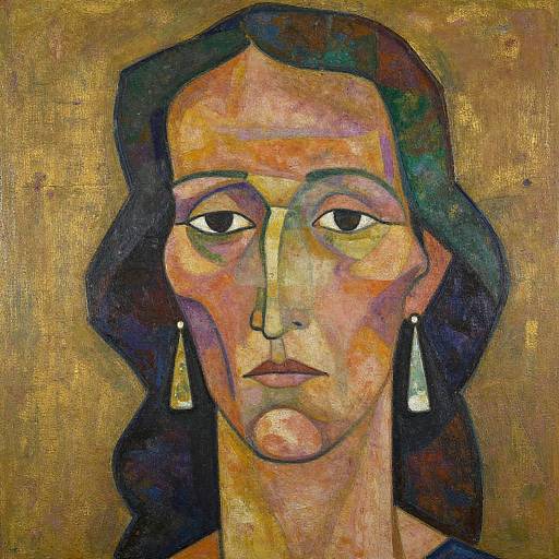 Expressionist painting of a solemn woman with dark, flowing hair, large oval eyes, and long triangular earrings, set against a textured golden background.