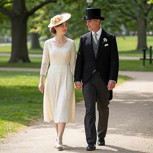 Photograph of a couple walking in a park; the woman in a white lace dress and hat, the man in a black suit and top hat.