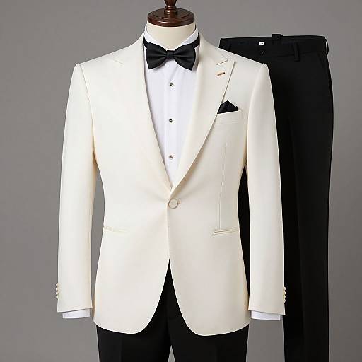 Photograph of a white tuxedo jacket with black bow tie, white dress shirt, black trousers, on a mannequin against a gray background