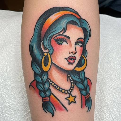 Colorful Retro Pin-Up Woman Tattoo