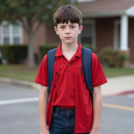 Photograph of a young boy with brown hair, wearing a red polo shirt, blue jeans, and a black backpack, standing in front of a suburban