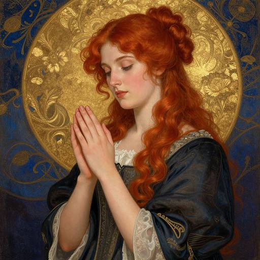 Digital painting of a red-haired woman with fair skin, praying with hands clasped, wearing a dark blue robe with lace, against a gold and blue