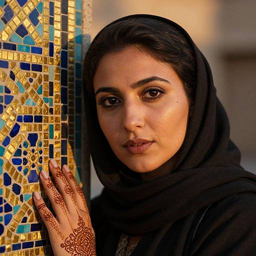Photograph of a South Asian woman with dark hair in a black hijab, wearing intricate henna on her hands, standing against a colorful mosaic wall
