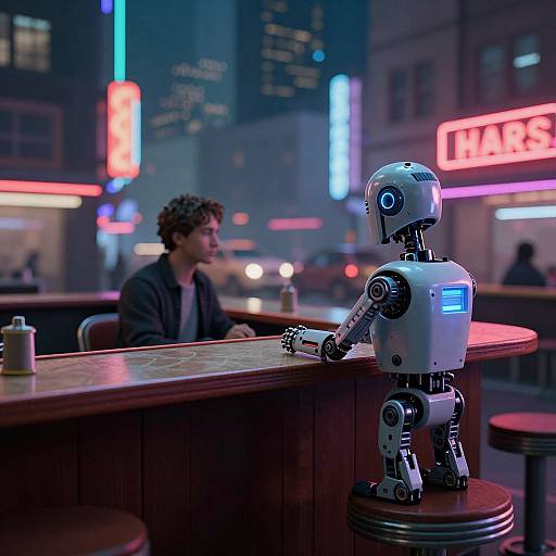 Neon-lit cyberpunk scene: humanoid robot with blue eye and screen on barstool, facing human with curly hair, neon signs in background