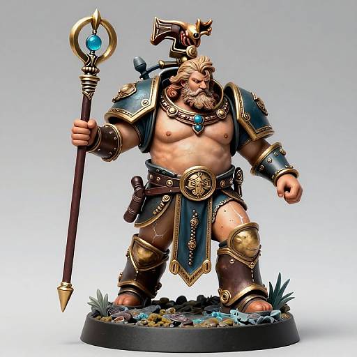 Photograph of a detailed, fantasy-themed, muscular dwarf warrior statue with golden armor, blue accents, holding a staff with a blue orb, standing on