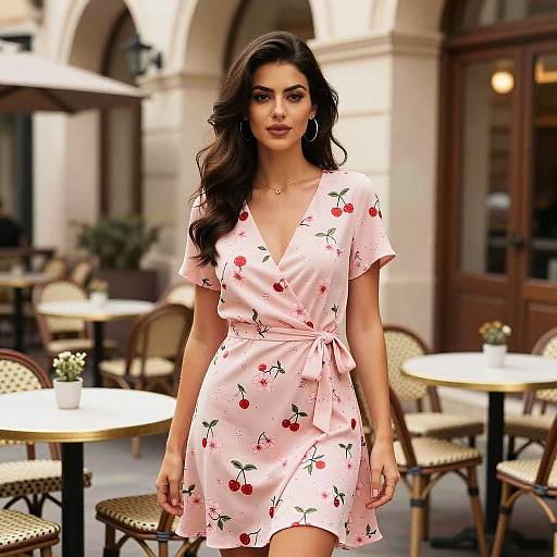 Photograph of a beautiful brunette woman with long, wavy hair in a pink cherry-print dress, standing in a sunlit, outdoor café with w