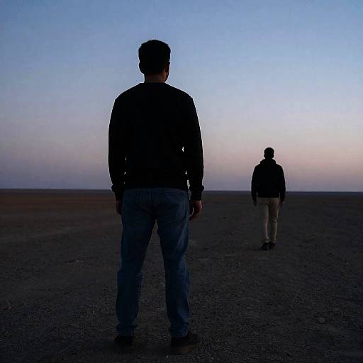 Silhouettes of Two Men in Desolate Field at Dusk
