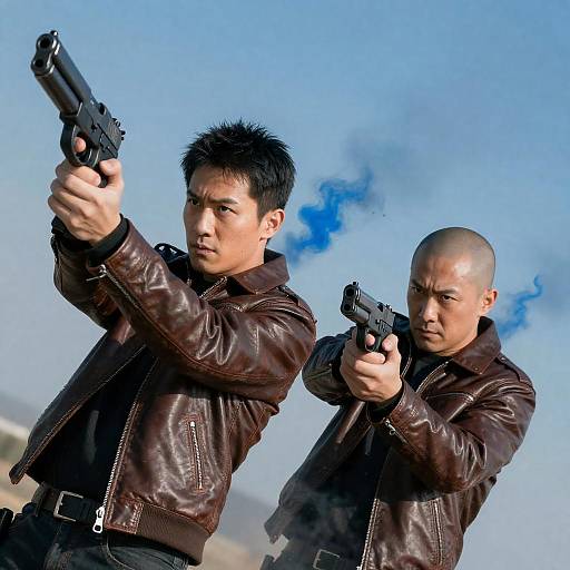 Two Men Aiming Guns in Action Scene