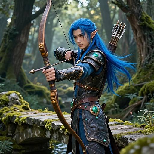 Digital fantasy artwork of an elf archer with blue hair, pointed ears, and ornate armor, drawing a bow in a lush forest.