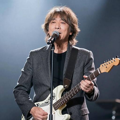 Middle-Aged Guitarist Singing Under Bright Lights