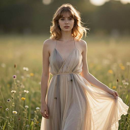 Photograph of a young woman with light brown, wavy hair, wearing a sheer, beige, sleeveless dress in a sunlit meadow.