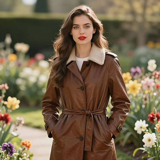 Young Woman in Brown Coat in Garden