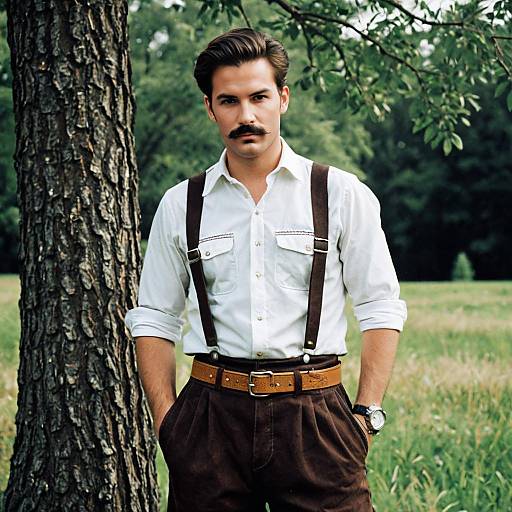 Young Man in Traditional Lederhosen Outdoors