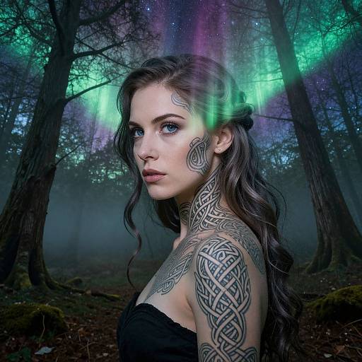 Photograph of a tattooed woman with long dark hair, green and purple aurora borealis in a foggy forest, wearing black strapless top