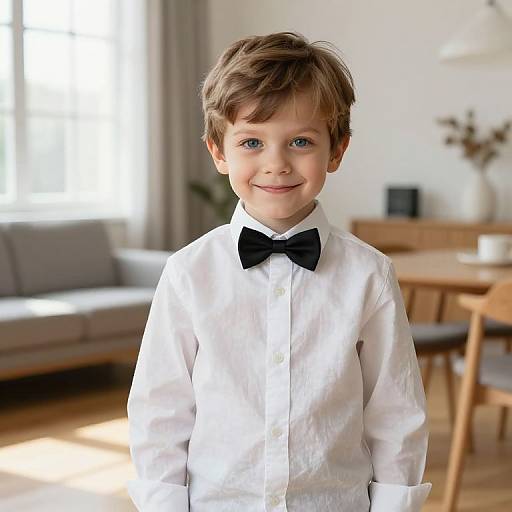 Photograph of a cute young boy with blue eyes and brown hair, wearing a white dress shirt and black bow tie, smiling in a bright, modern