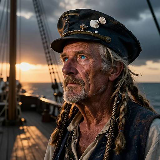 Photograph of an elderly, weathered man with blue eyes, gray beard, and braided hair, wearing a pirate hat and vest, standing on