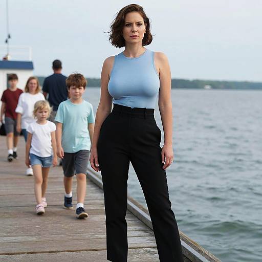 Photograph of a serious, athletic woman with short brown hair, wearing a light blue tank top and black pants, standing on a wooden pier with children