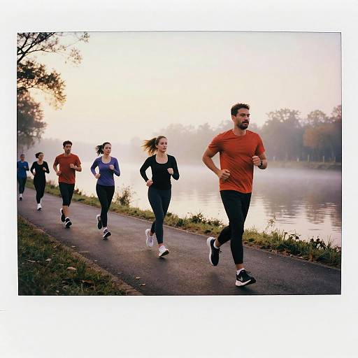 Photograph of six runners, diverse in gender and attire, jogging along a misty lakeside path at dawn, with trees in the background.