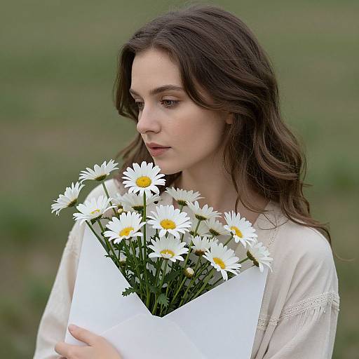 Serene Woman with Daisy and Flowers