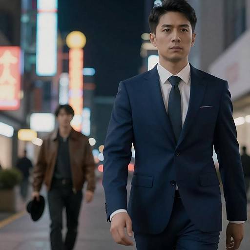 Serious Businessman Walking at Night in Neon-Lit City