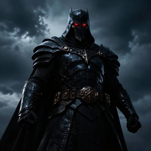 Digital artwork of a dark, armored Batman with glowing red eyes, standing against a stormy, cloudy sky. His suit is glossy black with metallic details