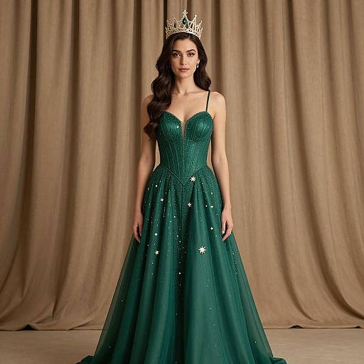 Photograph of a fair-skinned woman with long dark hair, wearing a green, strapless ball gown with star embellishments and a silver crown,