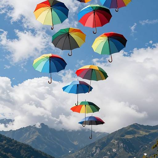 Photograph of colorful, floating umbrellas in rainbow hues against a bright blue sky with white clouds, over a mountainous landscape.