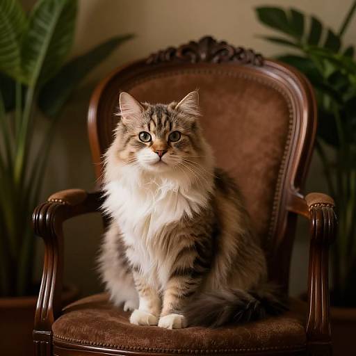 Fluffy Cat in Ornate Chair
