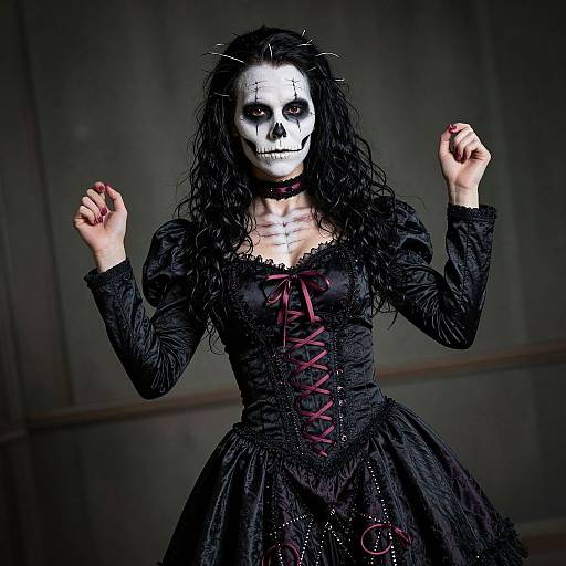 Gothic woman with white skull mask, black lace dress, red corset laces, and wild hair, standing against dark background. Photoreal