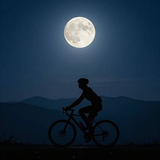 Silhouetted cyclist riding under a bright full moon in a dark blue night sky, with mountains in the background. Photograph.