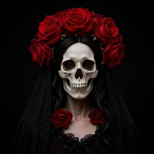 Photograph of a skull-faced woman with black hair, wearing a red rose crown and veil, against a black background.