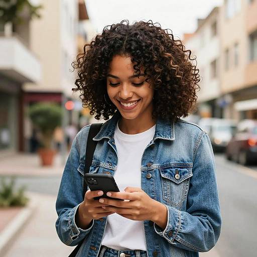 Young Woman in Denim Smiling at Phone