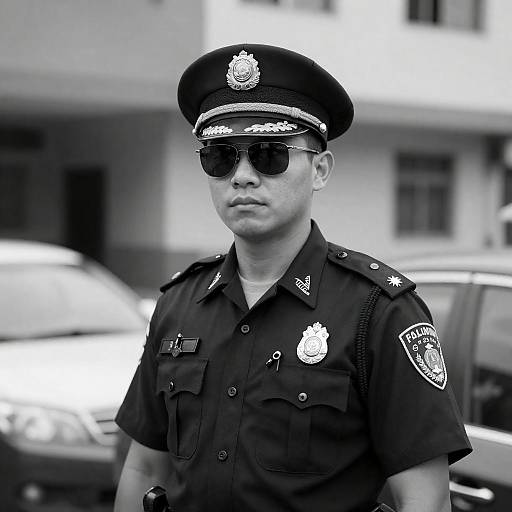 Black-and-White Officer Portrait by Patrol Car