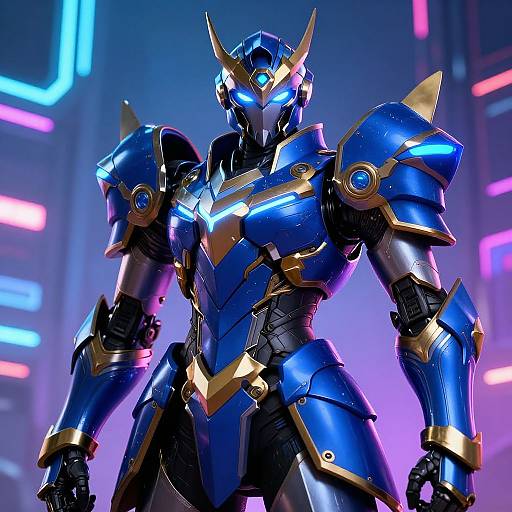 CGI image of a blue and gold armored robot with glowing blue eyes, standing in a neon-lit futuristic cityscape.